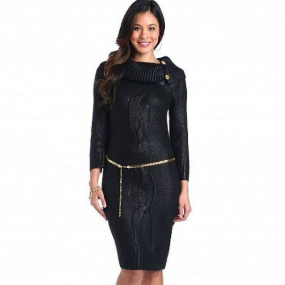 NEW Baby Phat Y2K SHINE COATED BLACK BELTED SWEATER DRESS L button